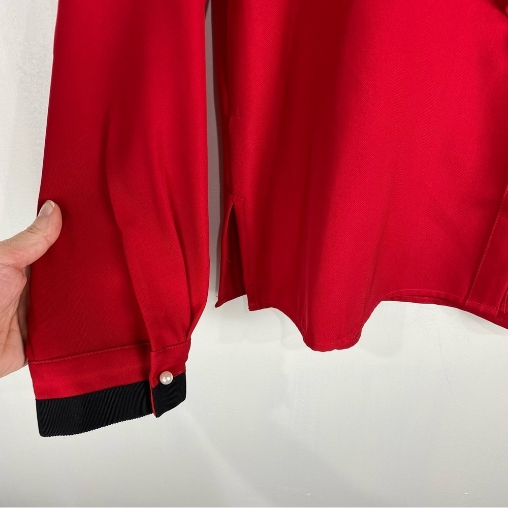 Calvin Klein Ruffle Tie Pearl Button Up Down Blouse Red Black Size Medium (NWOT) - Picture 2 of 6
